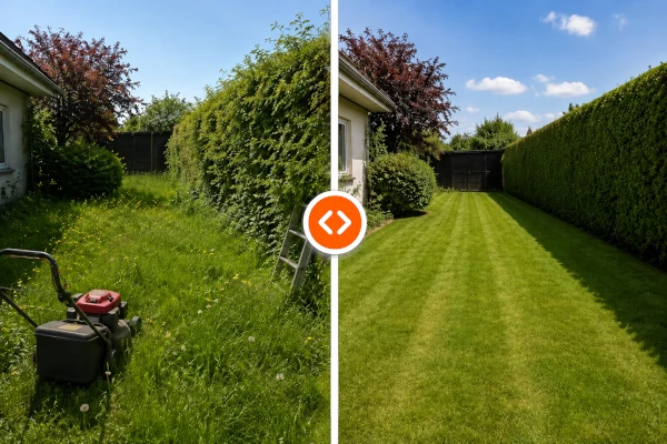 Garten vor und nach dem Rasenmähen