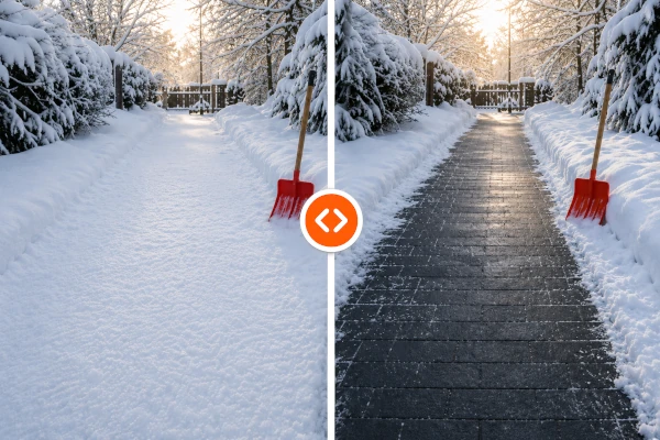 Vorher-Nachher Vergleich eines geräumten Winterwegs