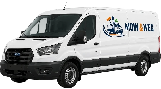 Weißer Transporter von MOIN & WEG mit Logo an der Fahrzeugseite
