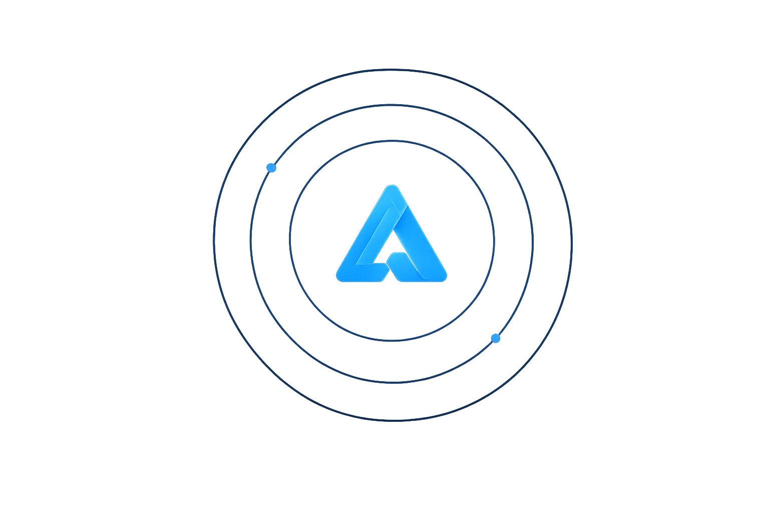 Blue glowing triangular logo with concentric circles and two blue dots on a dark background.