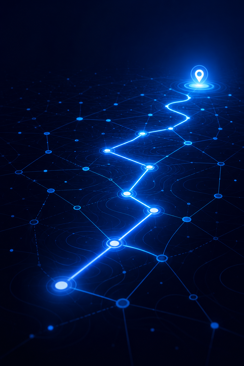 Glowing blue digital path with connected nodes ending at a location pin on a dark network grid.
