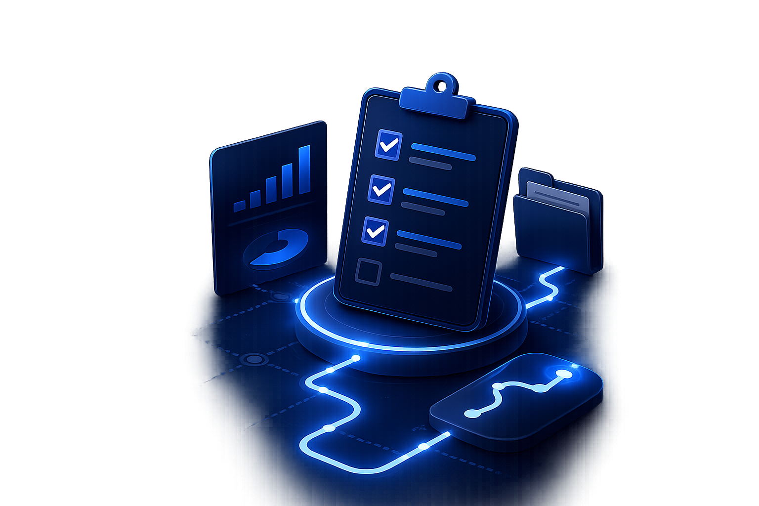 Blue neon digital icons of checklist on clipboard, folder with files, charts, and connected elements.