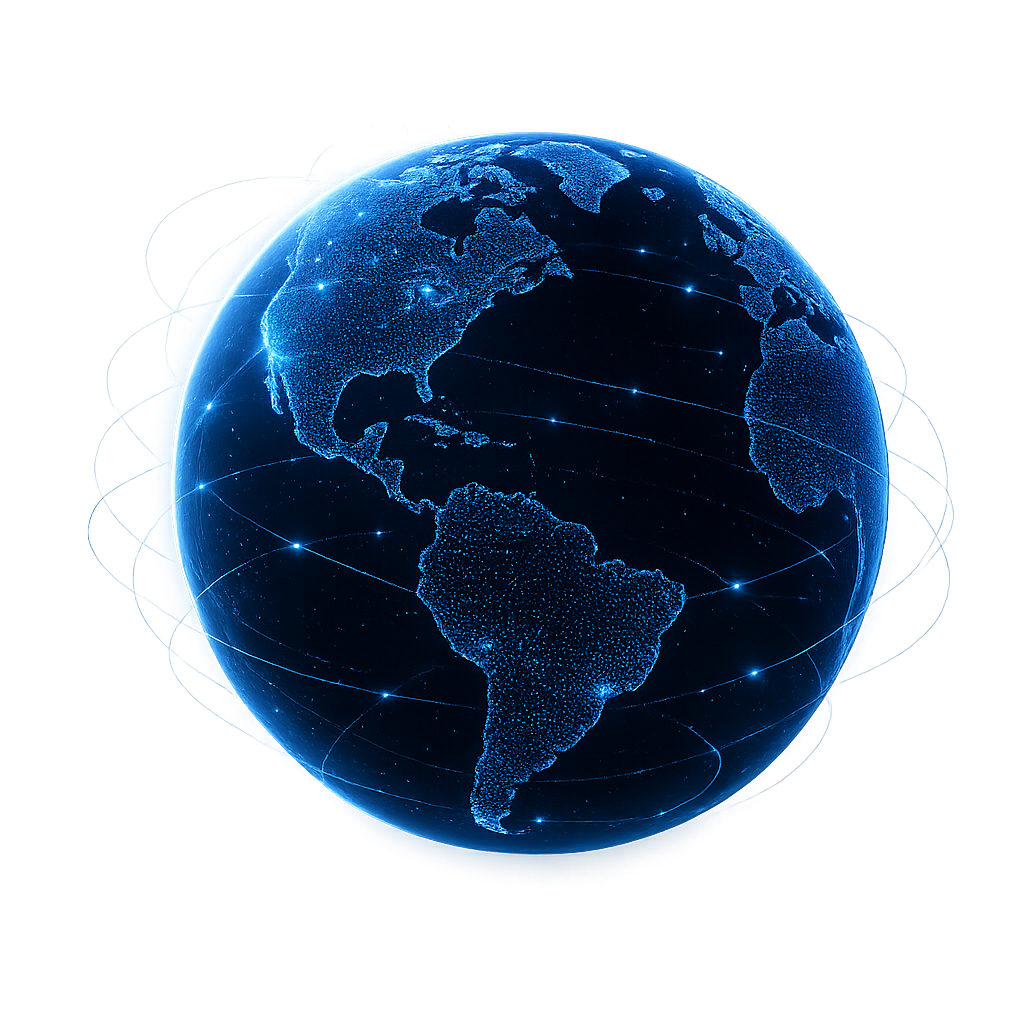 Digital blue globe highlighting the Americas with glowing connection points and network lines.