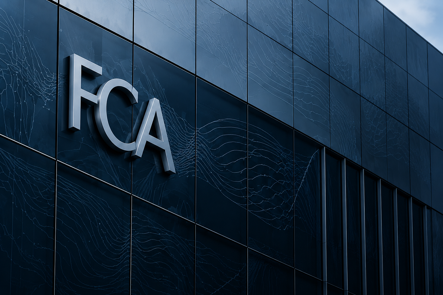 Modern dark glass building facade with large silver FCA letters mounted on it.