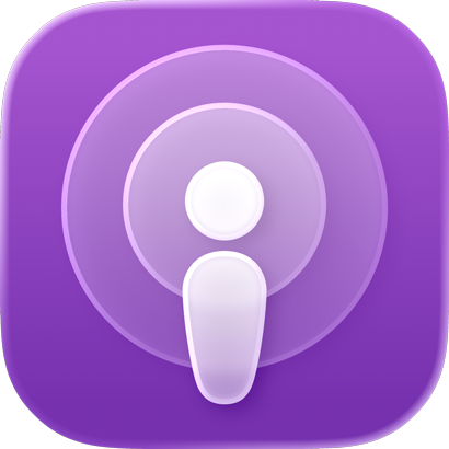 Purple square icon with a stylized white person shape and concentric circles, representing podcasts.