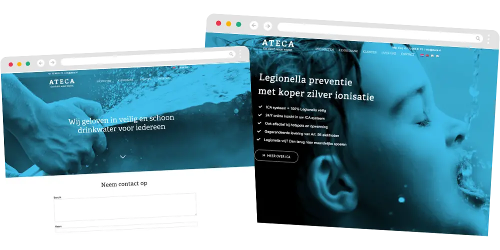Voorbeelden van vernieuwde webpagina's van de ATECA-website in WordPress, door Milou de Jong