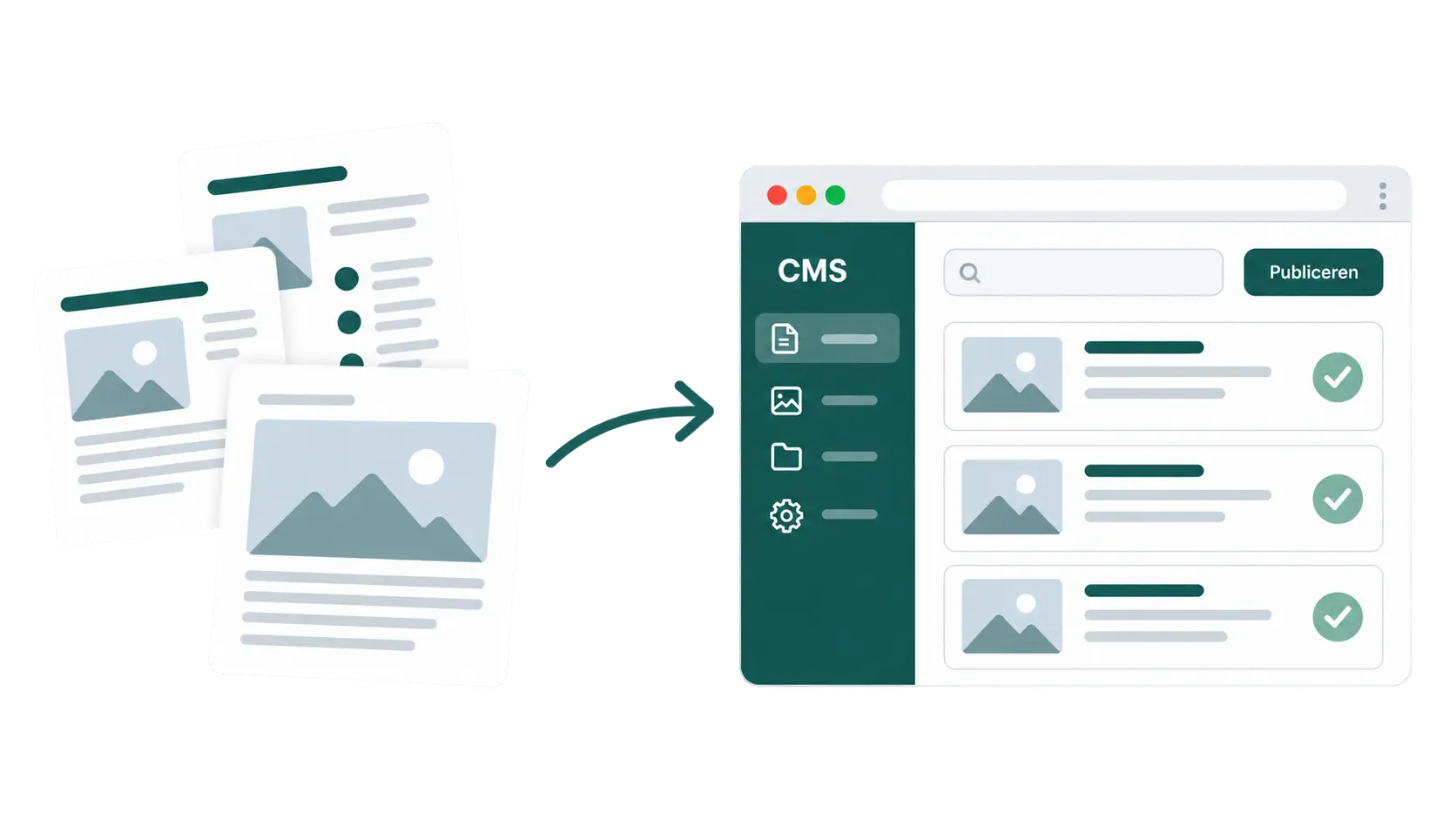 Conceptuele illustratie van de migratie van ANWB-webpagina's naar een nieuw CMS