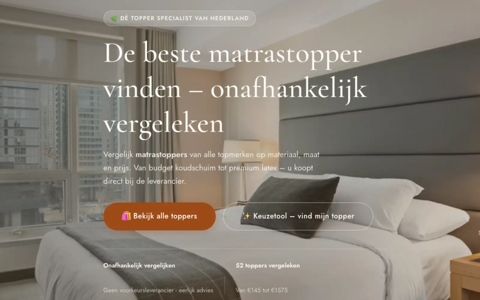 Hero van de Topperwinkel-homepage met navigatie, introductietekst en CTA's