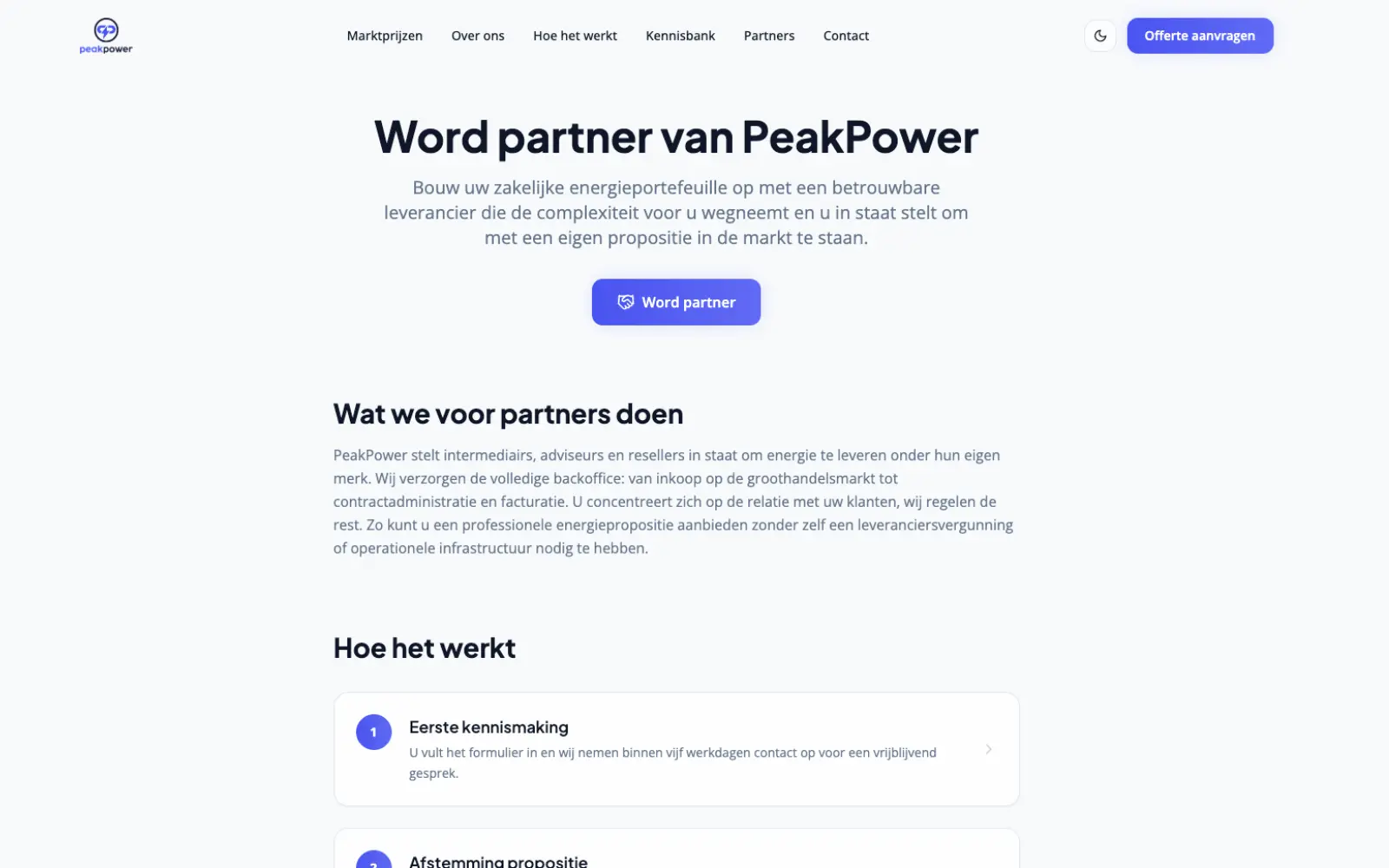 Word partner-pagina van PeakPower voor organisaties die energie onder hun eigen merk willen aanbieden