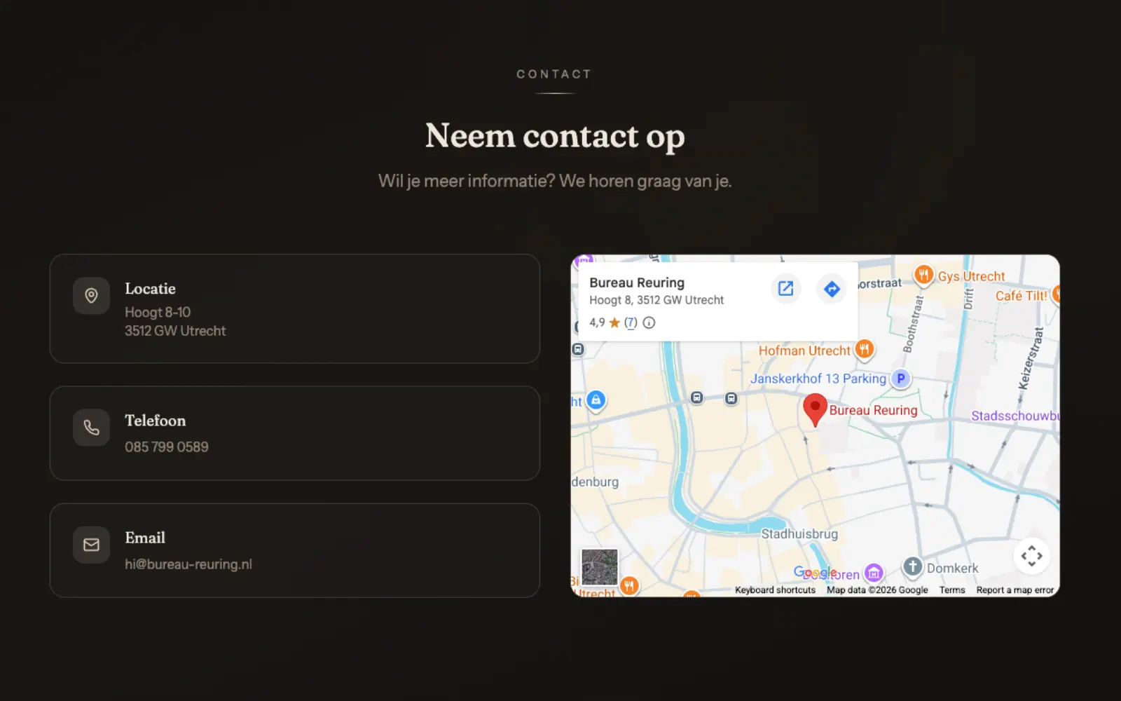 Contactsectie van De Grote Hoogte met contactgegevens en Google Maps-vermelding van Bureau Reuring