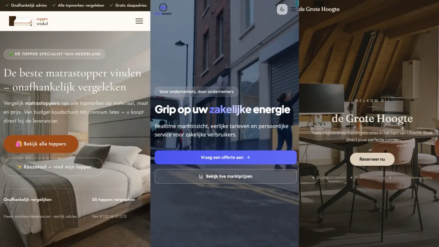Screenshots van drie Nederlandse websites die met AI zijn gebouwd: Topperwinkel, PeakPower en De Grote Hoogte