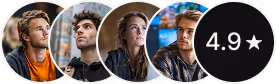 Quatre portraits de personnes diverses et une note de 4,9 étoiles dans un cercle noir.