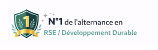 Badge with number 1 and text saying numéro un de l'alternance en RSE et développement durable.