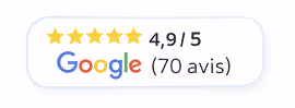 Évaluation Google avec une note de 4,9 sur 5 basée sur 70 avis et cinq étoiles jaunes.