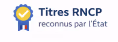 Badge avec coche jaune, texte Titres RNCP reconnus par l'État.