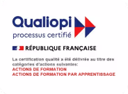 Logo Qualiopi processus certifié avec mention République Française et types d'actions certifiées.