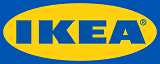 Logo IKEA en bleu sur un fond ovale jaune.