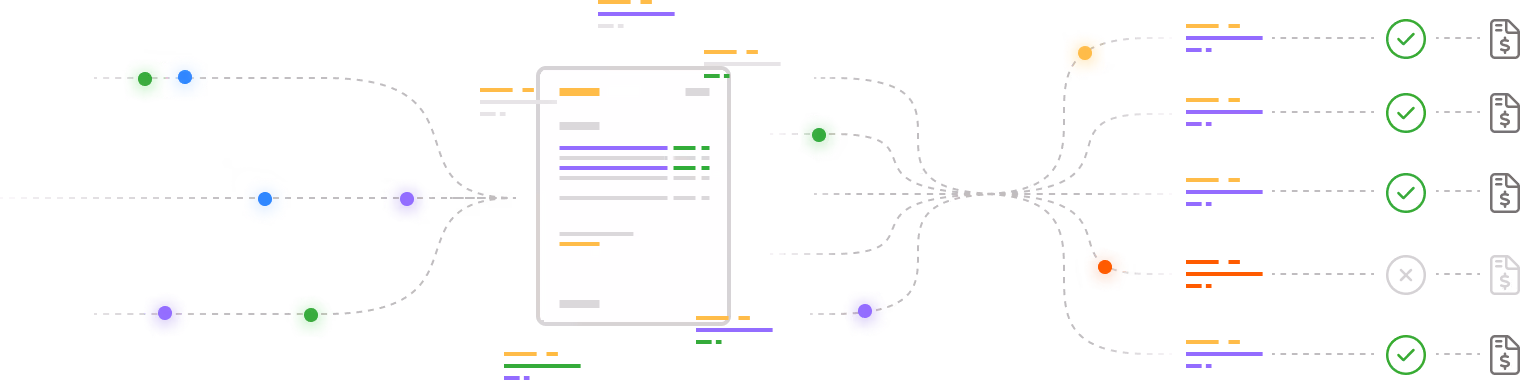 cash application graphic: various types of files getting parsed, and the data is being organized and matched to an invoiced