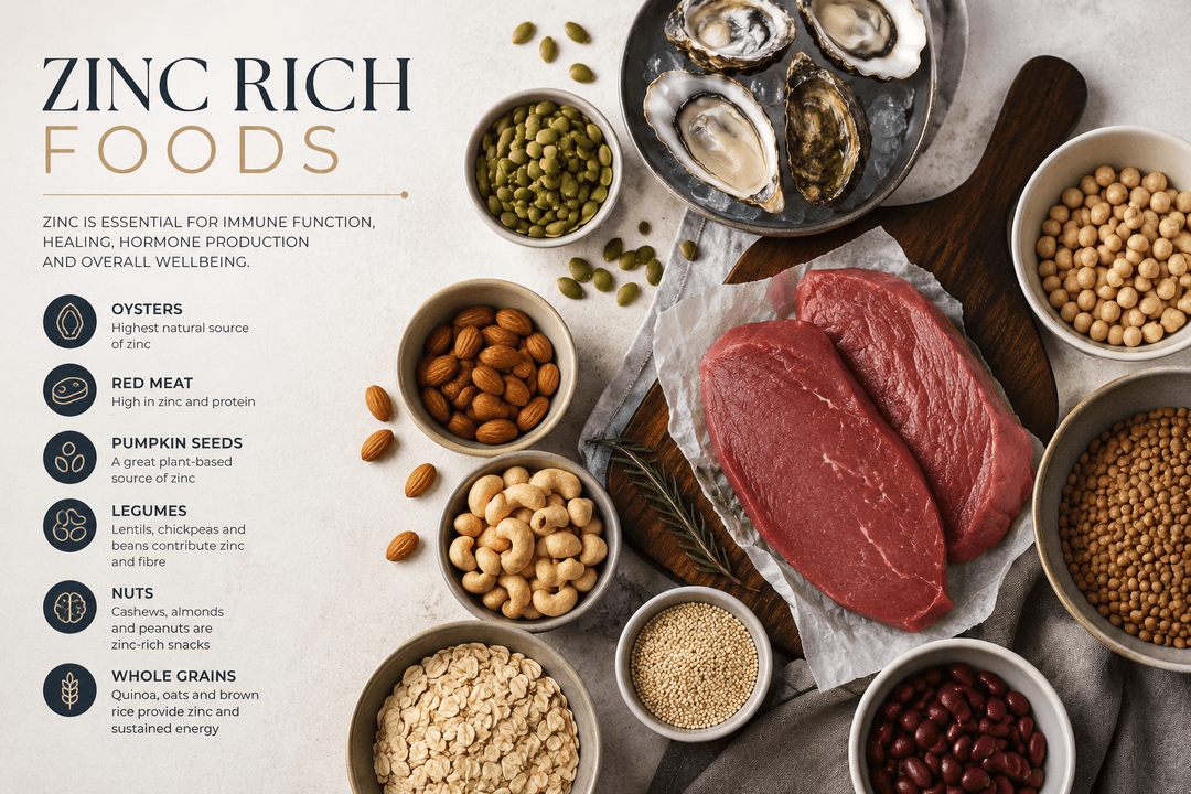 Zinc-rich foods including oysters, red meat, pumpkin seeds, legumes, nuts and whole grains