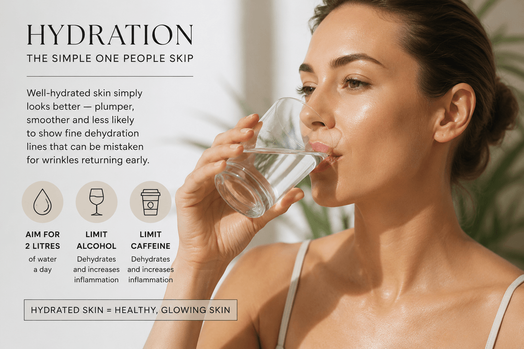 Woman drinking water, with hydration tips for skin health