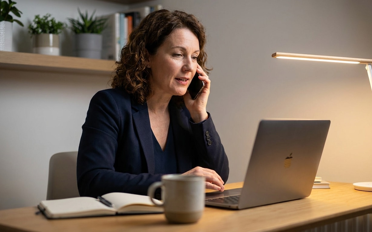 Woman in blazer talking on phone while working on a laptop at a desk with a mug and notebook.
