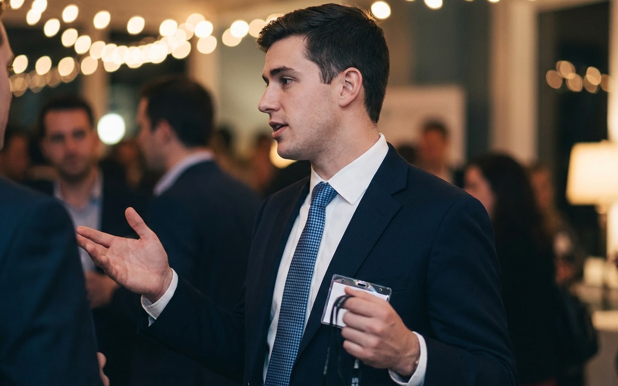 Young man in suit and tie holding a name badge, speaking with others at a formal event.