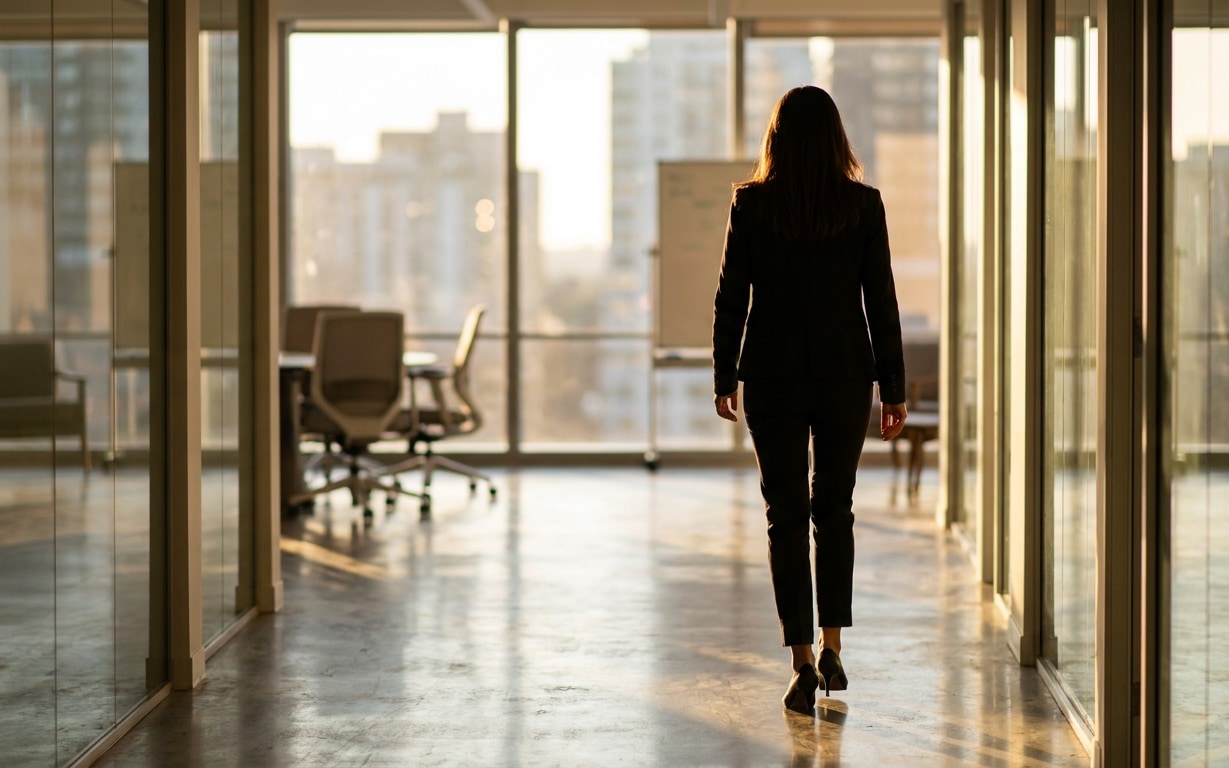 Woman in business attire walking down an office hallway with city view through large windows.