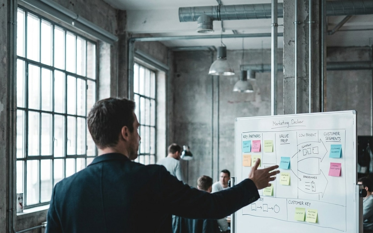 Man presenting marketing strategy on whiteboard with sticky notes in a modern office with large windows.