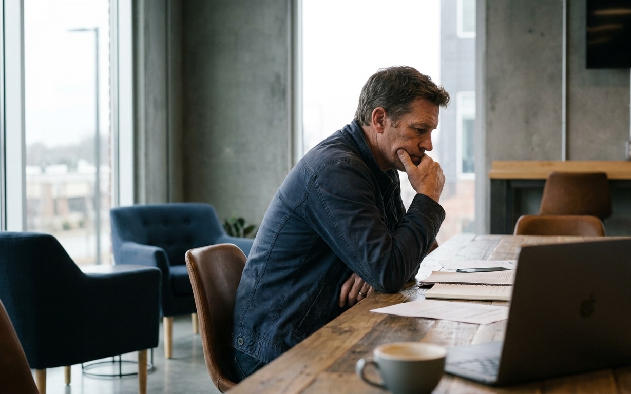 Man in denim jacket sitting at table, thinking while reviewing documents with laptop and coffee nearby.