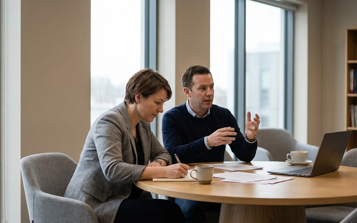 Man and woman discussing business documents at a round table with laptop and coffee cups.