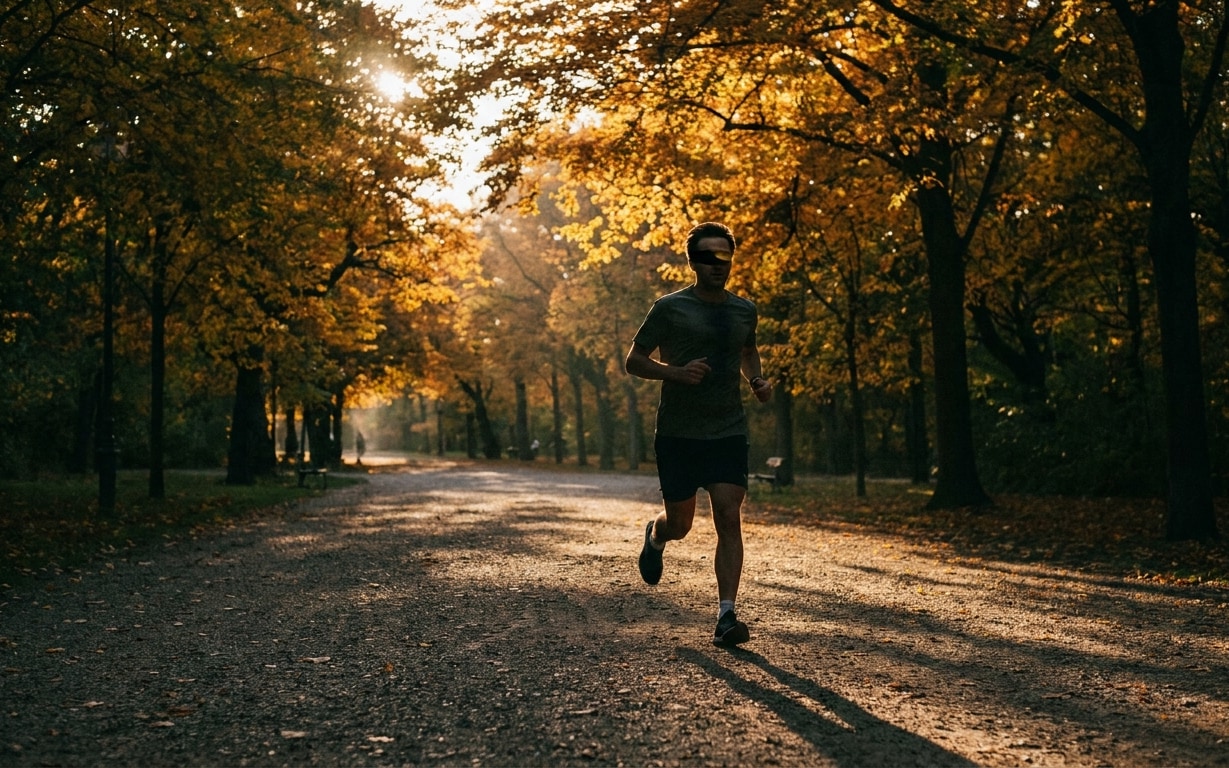 A man jogging on a tree-lined path in autumn with golden leaves and sunlight filtering through.