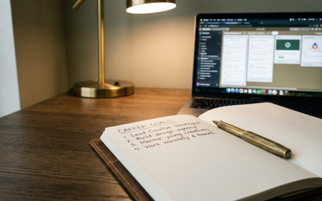 Notebook on desk lists career goals with pen; laptop and desk lamp in background.