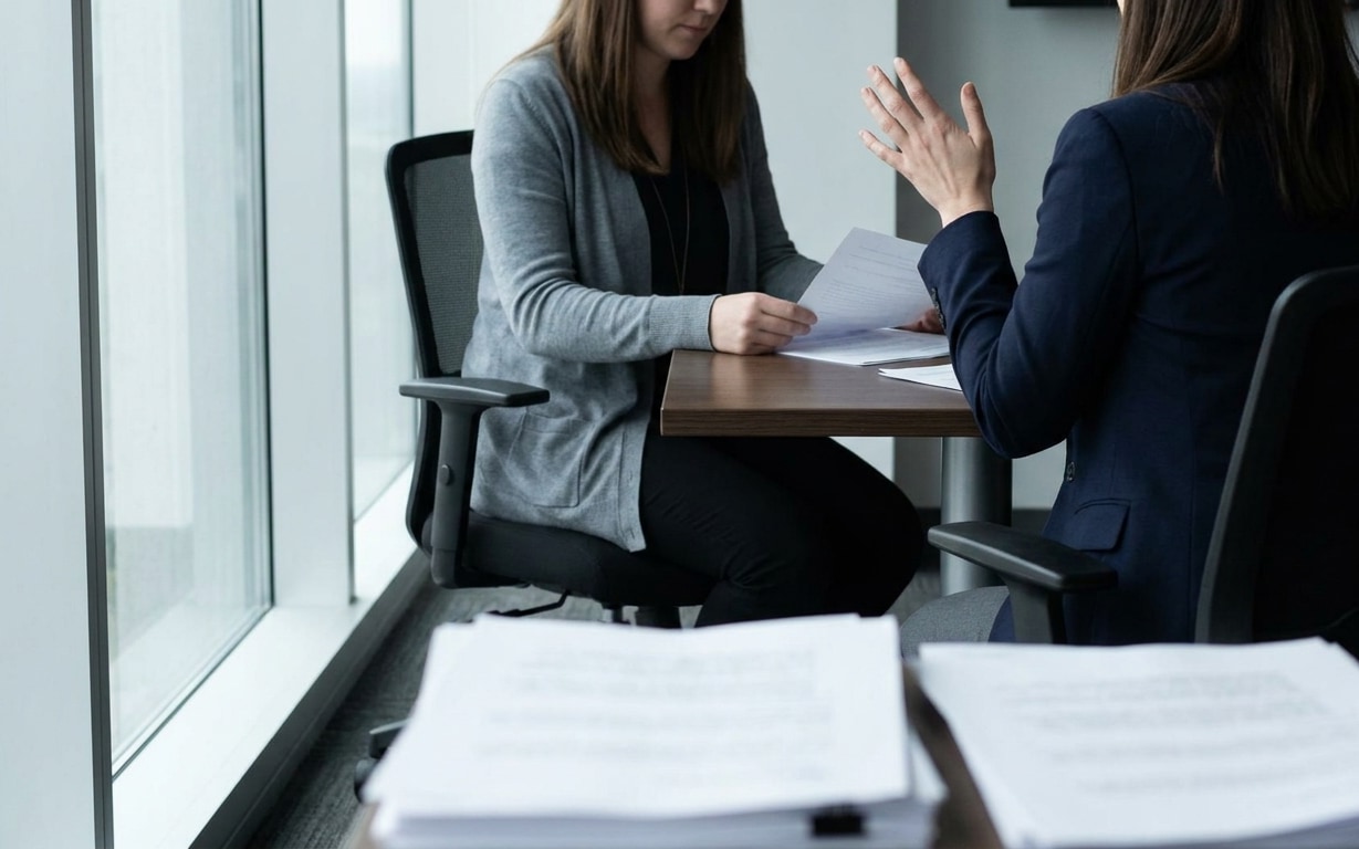 Two women sitting at a table by a window reviewing documents in an office setting.