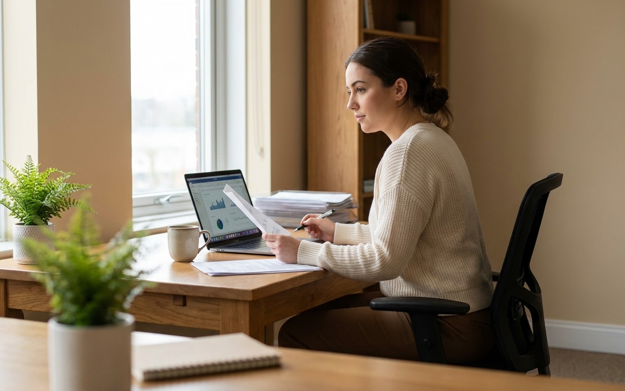 Woman in beige sweater working at desk with laptop showing charts and holding papers.