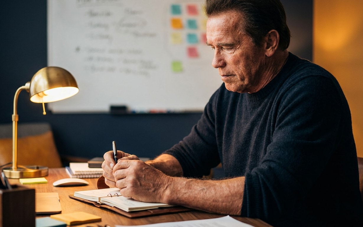 Man writing in an open notebook at a desk with a lamp and sticky notes.