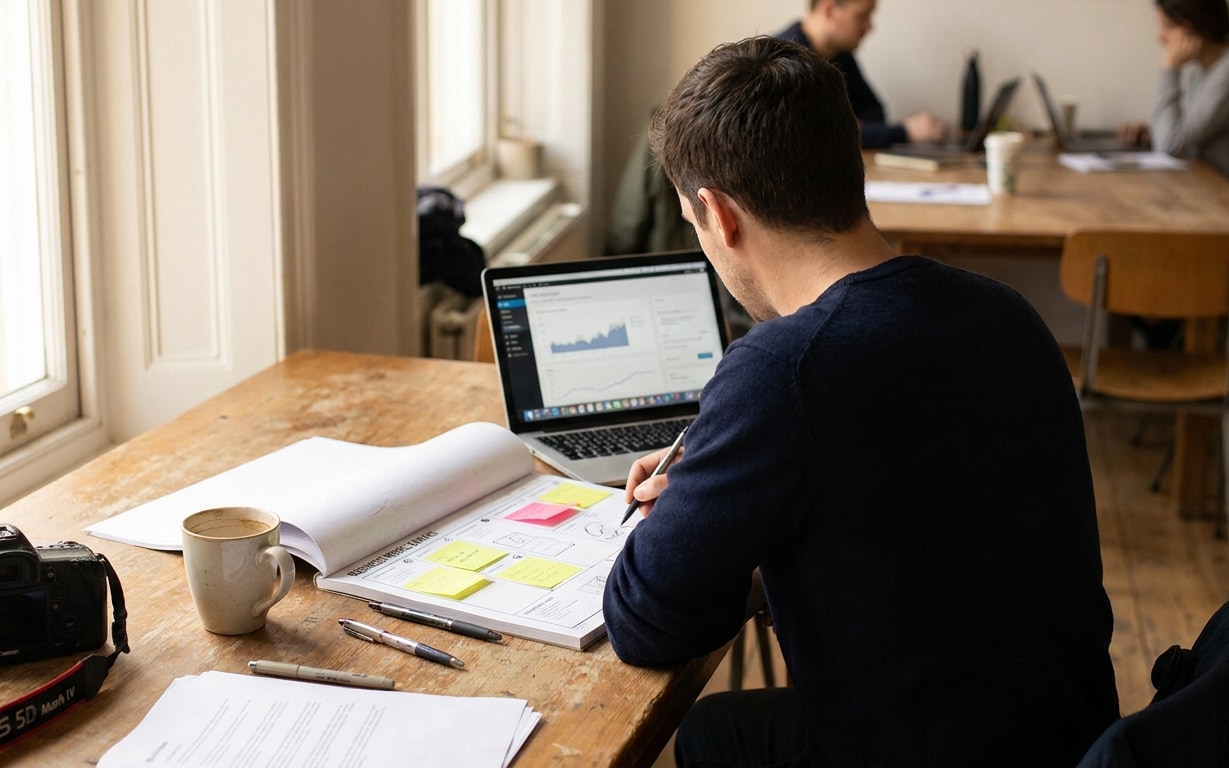 Man working at a wooden table with laptop, documents, sticky notes, coffee cup, and camera nearby.