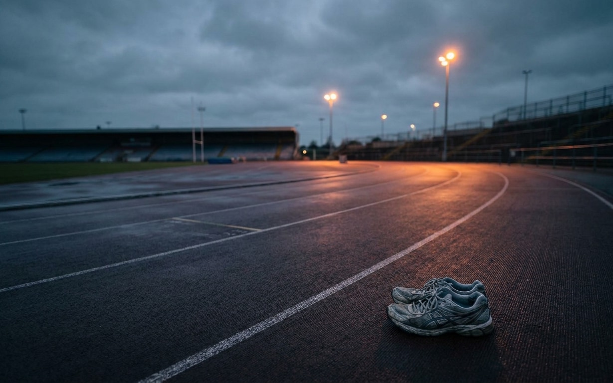 Worn running shoes on an empty track field lit by streetlights at dusk under cloudy sky.