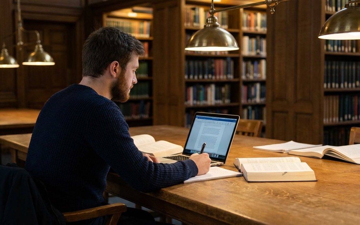 Man with beard writing notes beside open laptop and books in a wood-paneled library.