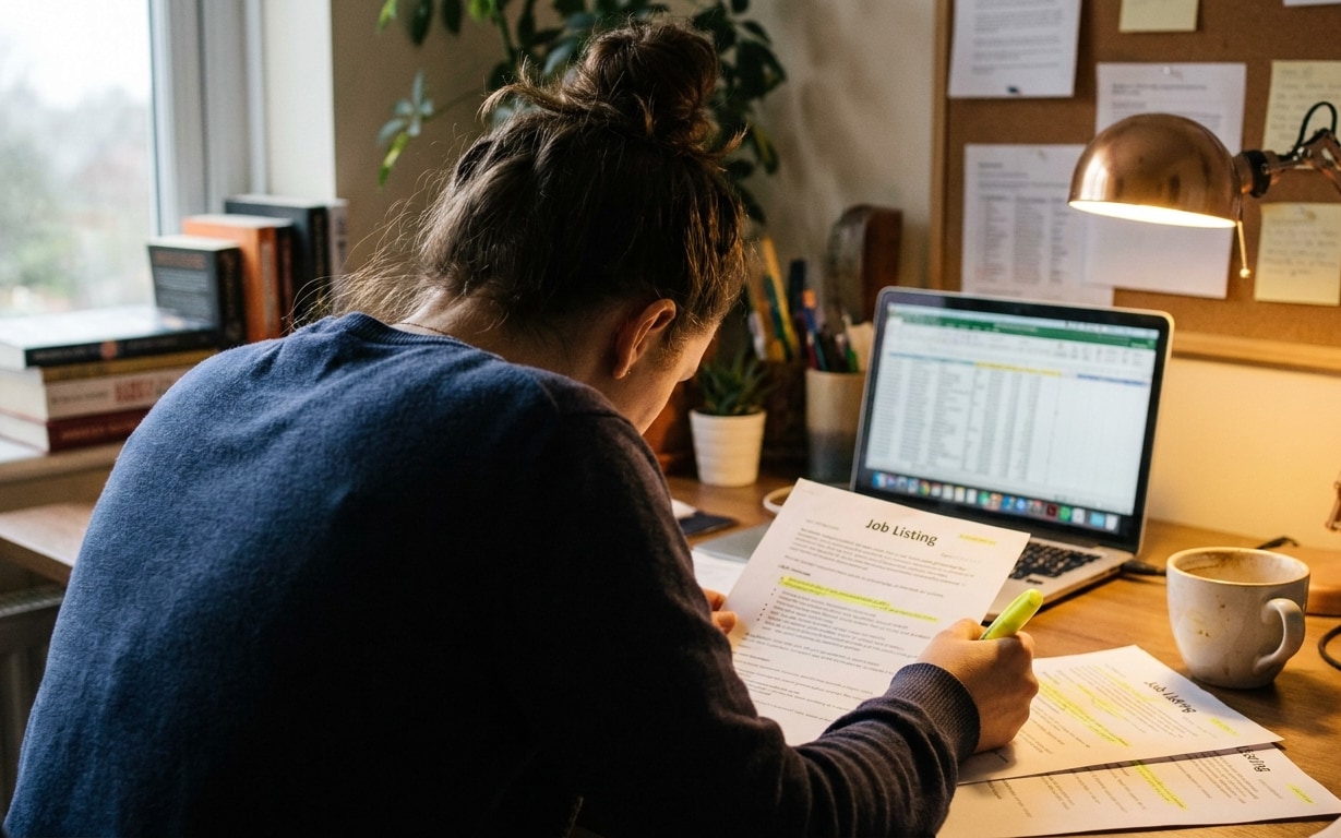 Person with hair bun highlights text on job listing papers at a desk with laptop and coffee mug.
