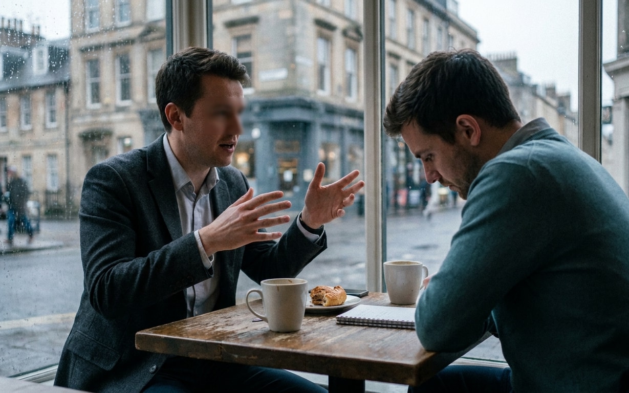 Two men having a serious conversation over coffee and a pastry at a cafe table by the window.