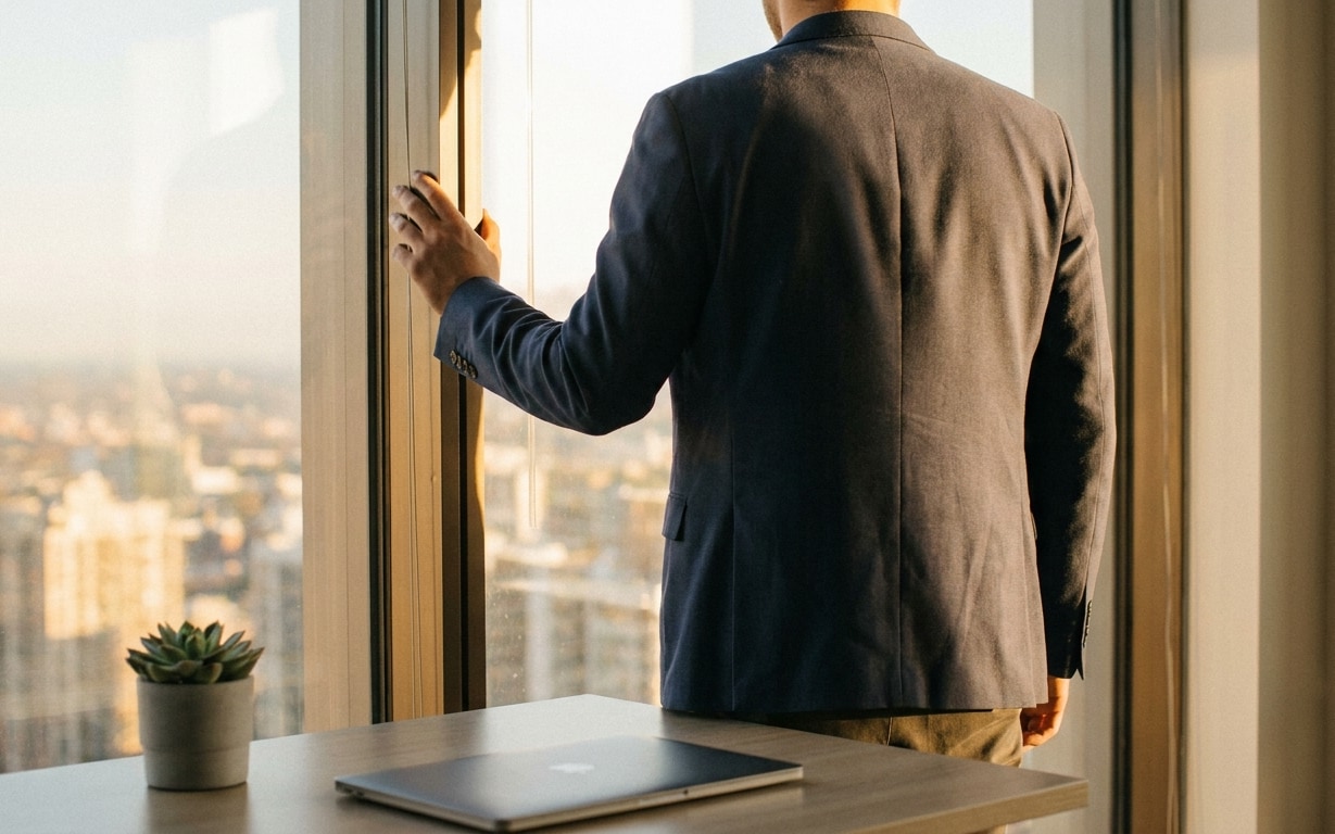 Man in a suit jacket standing by a window overlooking a cityscape at sunset, with a laptop and plant on the desk.