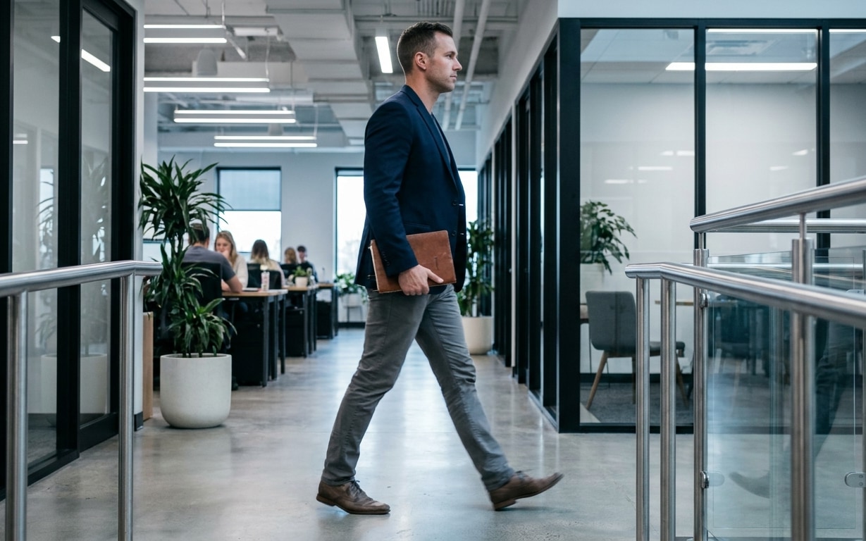Man in a navy blazer walking through a modern office hallway holding a brown tablet or folder.