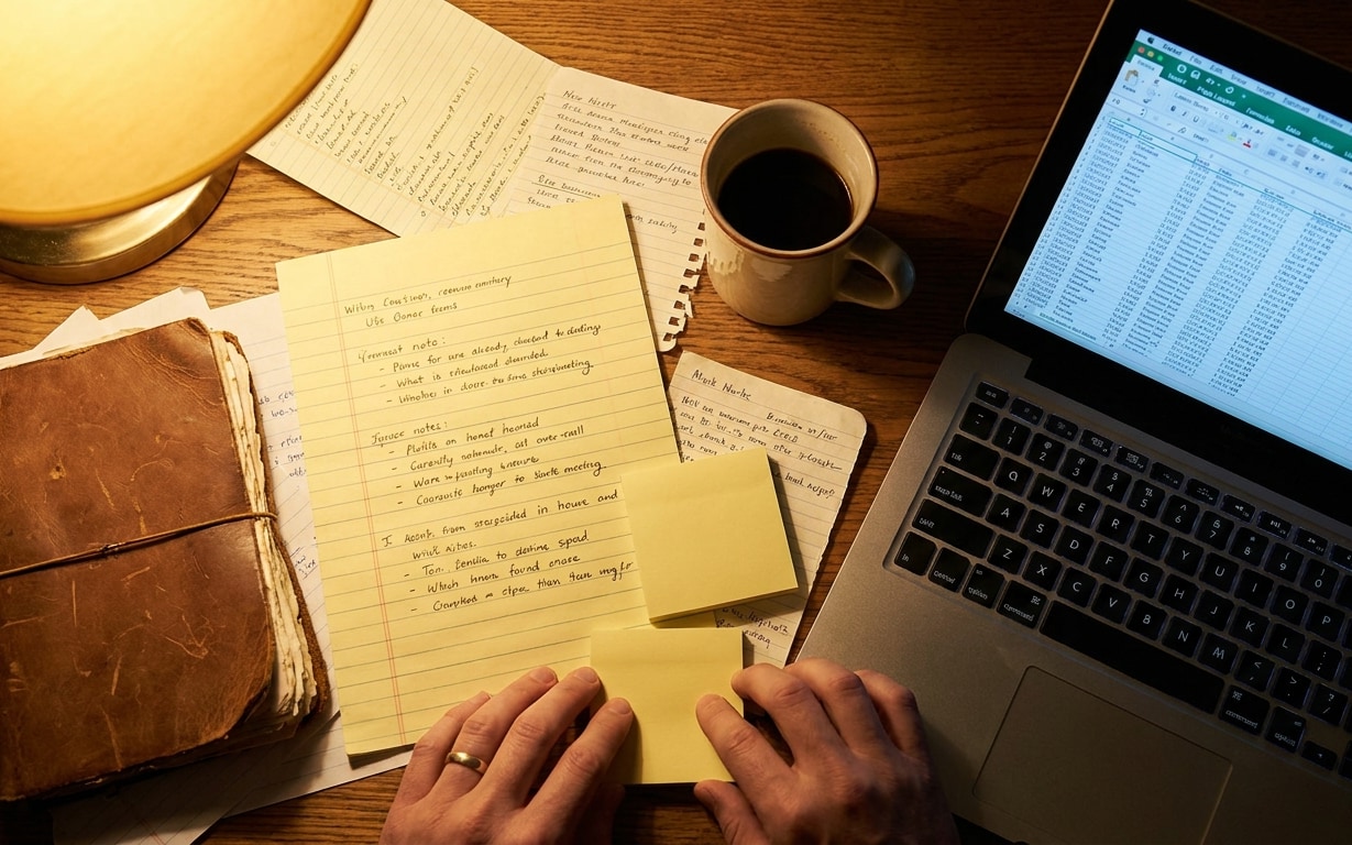 Person's hands folding yellow sticky notes on a wooden desk near papers, coffee mug, and laptop.