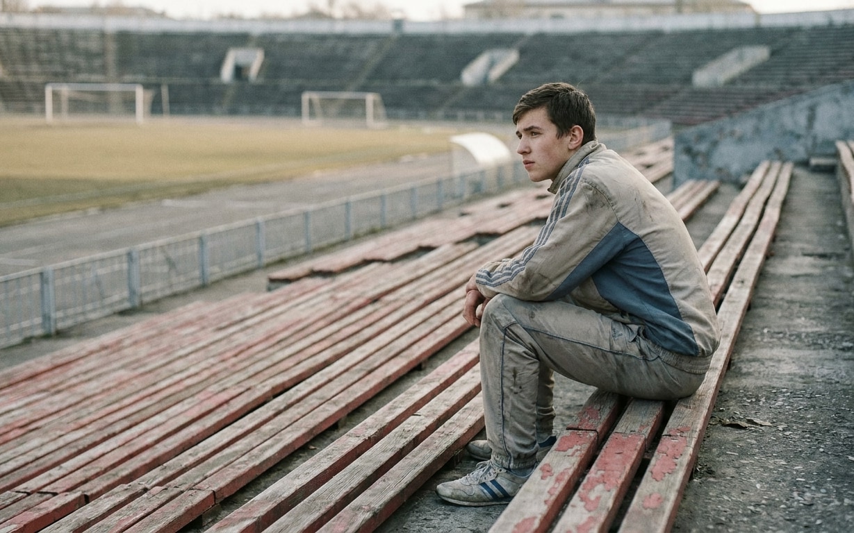 Young man in a worn tracksuit sitting alone on faded stadium benches, looking thoughtfully ahead.