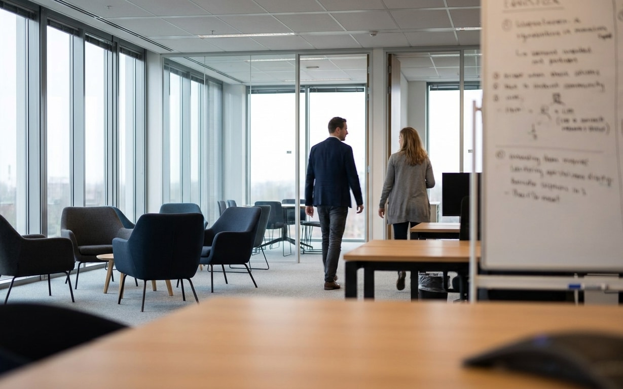 Man and woman walking side by side in a modern office with large windows and seating area.