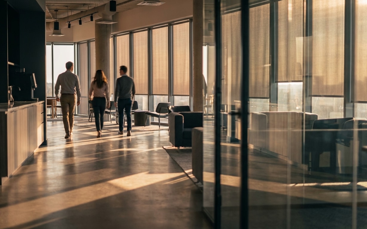 Three people walking through a sunlit modern office space with large windows and lounge chairs.