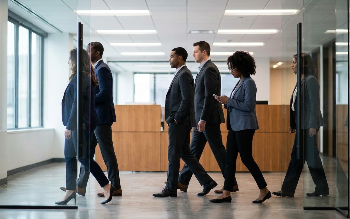 Six businesspeople in suits walking in an office corridor with glass walls and wooden desks.