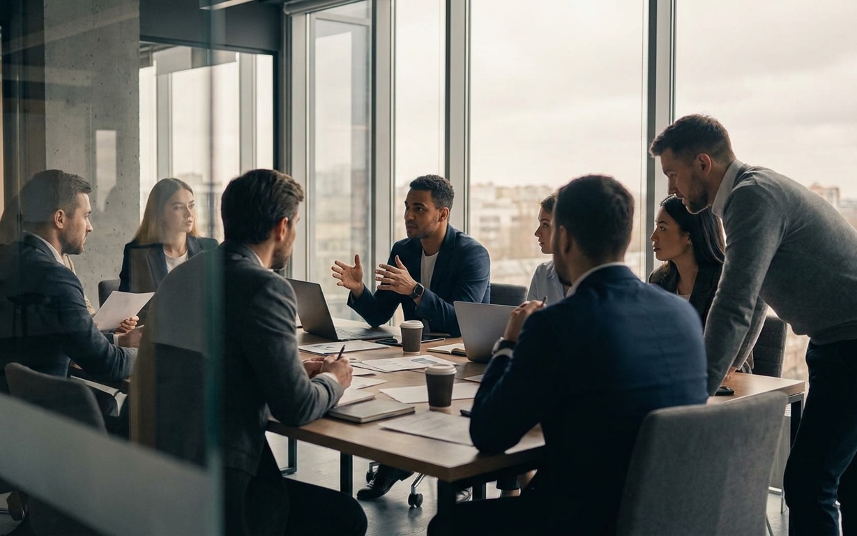 Business team of seven people in formal attire having a discussion around a conference table with laptops.