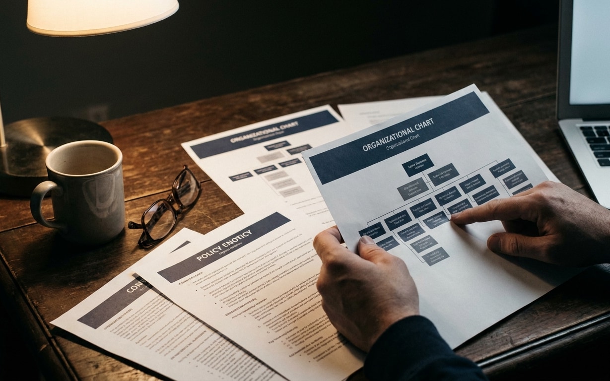 Person pointing at an organizational chart on paper at a wooden desk with glasses, coffee, and laptop.
