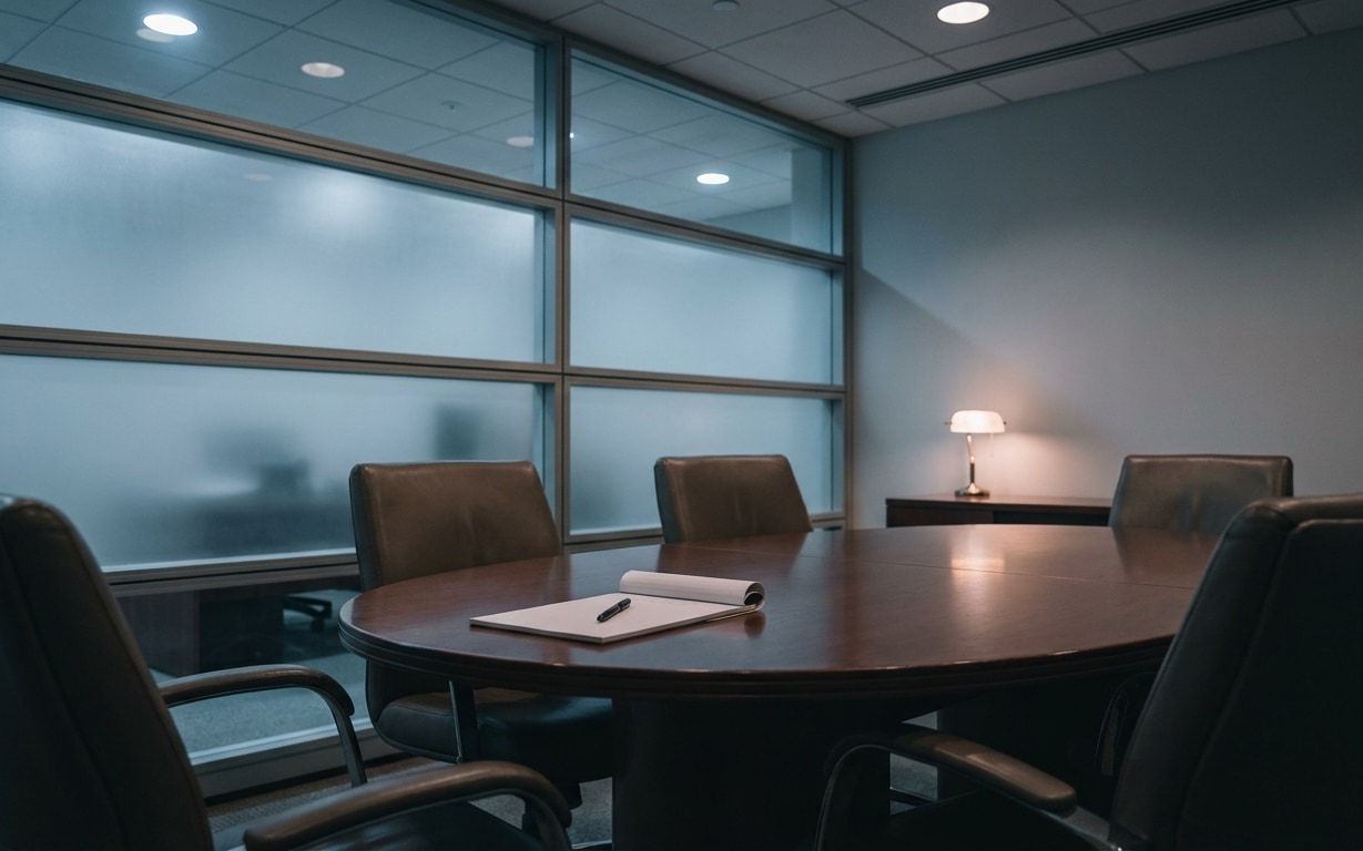 Empty conference room with round wooden table, five chairs, notebook with pen, and lamp on side table.